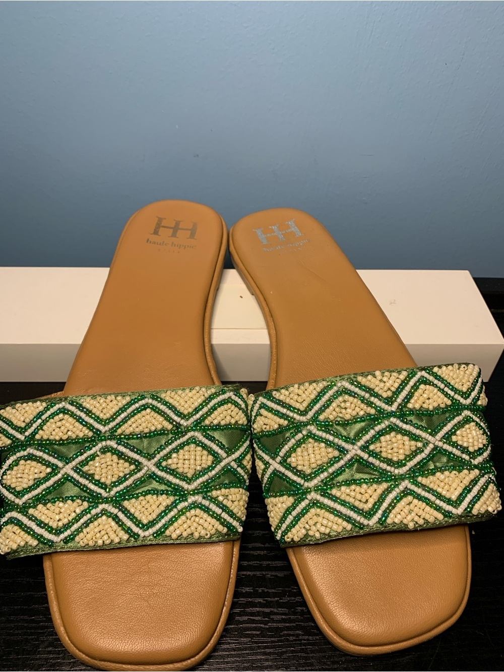 Haute Hippie Green and Cream Beaded Slide Mules - Picture 2 of 5